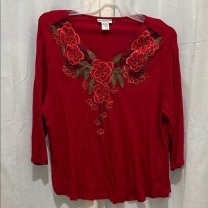 Rebecca Malone Red Floral Embroidered Blouse